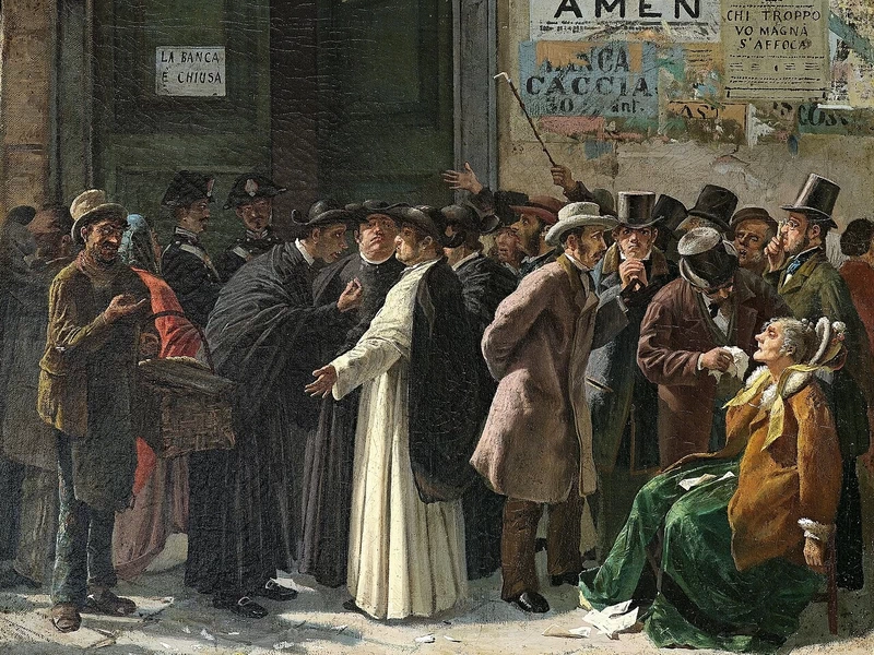 1847-Edoardo Matania - Alla banca chiusa 1870